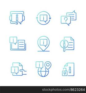 Frequently asked questions pixel perfect gradient linear vector icons set. Information support for website users. Thin line contour symbol designs bundle. Isolated outline illustrations collection. Frequently asked questions pixel perfect gradient linear vector icons set