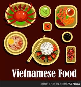 Fresh and healthy dishes of vietnamese cuisine with flat icons of grilled meat with rice, lemongrass and carrot sticks, crab, shrimp salad, rice noodles with deep fried fish, fried shrimps with sesame seeds and sweet potatoes, soy and fish sauces. Healthy dishes flat icons of vietnamese cuisine