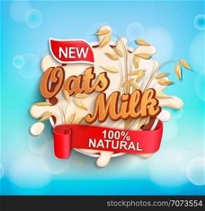 Fresh and Natural Oat Milk label splash with ribbon on blue bokeh background for logo, template, label, badge, emblem for groceries, agriculture stores, packaging and advertising. Vector illustration.. Fresh and Natural Oat Milk label splash.