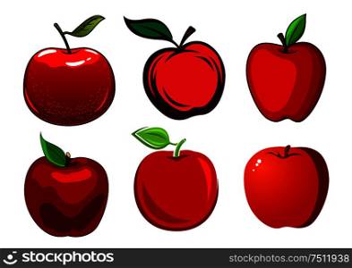 Fresh and ripe red apple fruits with green leaves and smooth shiny skin isolated on white background. Ripe red apple fruits with leaves