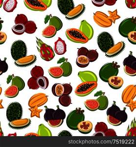 Fresh and sweet tropical fruits seamless background with pattern of exotic durian, star fruit, papaya, dragon fruit, fig, feijoa, guava, passion fruit and lychee fruits. Tropical sweet fruits seamless pattern