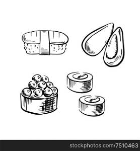Fresh appetizing sea mussel, sushi rolls with salmon, caviar and nigiri sushi with tuna. Sketch icons for seafood design
