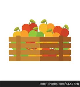 Fresh apples at the market vector. Flat design. Delivery farm products, grocery store assortment, foods for diet concept. Illustration of wooden box full of ripe vegetables. Isolated on white.. Fresh Apples at the Market Vector Illustration.