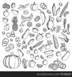 Fresh apples, strawberry, cherries, raspberries and pineapple, banana, peach and orange fruits with peppers, tomatoes, corn and onion, eggplants, mushrooms, pea and cucumbers, carrots, pumpkin, radishes potatoes olives and garlic vegetables sketch. Fresh sketched fruits and vegetables icon