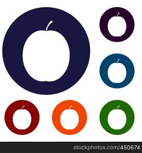 Fresh apricot icons set in flat circle reb, blue and green color for web. Fresh apricot icons set