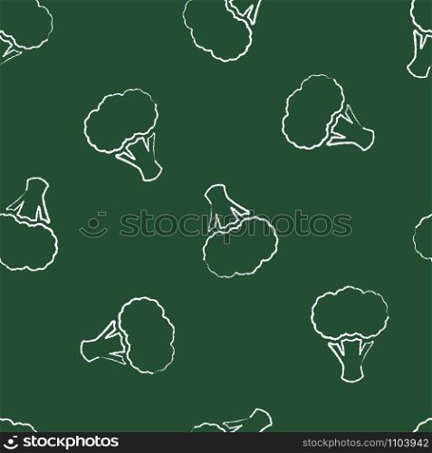 Fresh autumn chalk contour vegetable seamless pattern. Food design background on green chalkboard with chalk silhouette broccoli vegetables. Seamless vector illustration for healthy diet decor pattern. Autumn chalk contour vegetable seamless pattern