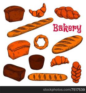 Fresh baked morning pastries and bread sketch icons for bakery shop design with french croissants and baguettes, turkish braided buns and bagel, loaves of dark rye, wheat and whole grain bread. Fresh baked pastries and bread sketch icons