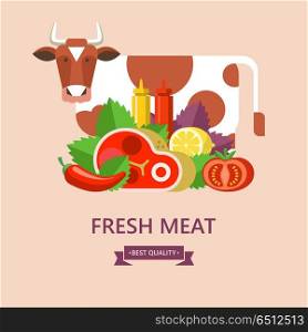 Fresh beef. Delicious steak, Basil leaves, lemon, tomato, ketchup and mustard. Behind the still life is a cow. Premium quality beef. Vector illustration.