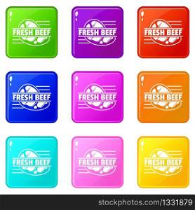 Fresh beef icons set 9 color collection isolated on white for any design. Fresh beef icons set 9 color collection