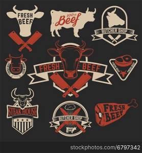Fresh beef labels. Butchery store labels. Cow heads icons and butcher tools. Design elements for labels, badges, emblems, signs. Vector illustration.