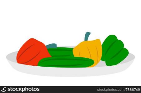Fresh bell or sweet peppers on round plate. Capsicum plant can use for cooking food. Vegetables on dishware isolated on white background. Vector illustration of colorful ingredients in flat style. Bell or Sweet Pepper on Plate, Vegetables for Cook
