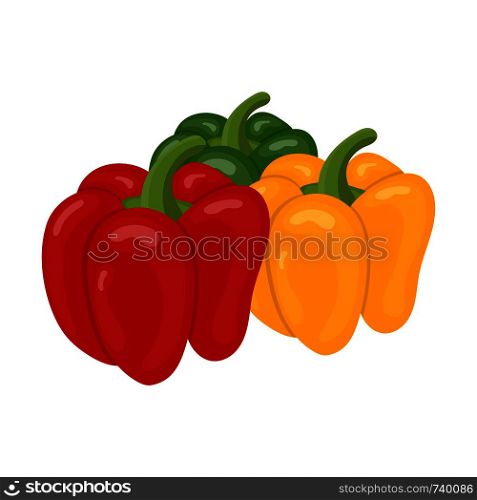 Fresh bell pepper vegetables isolated on white background. Green, yellow, red pepper icons for market, recipe design. Cartoon style. Vector illustration for design.
