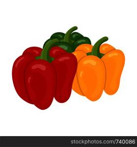 Fresh bell pepper vegetables isolated on white background. Green, yellow, red pepper icons for market, recipe design. Cartoon style. Vector illustration for design.