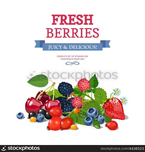 Fresh Berries Background Ad Background Poster . Delicious fresh wild and garden berries mix for daily vitamins consumption colorful background poster abstract vector illustration