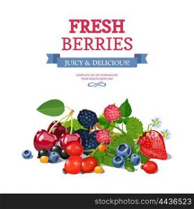Fresh Berries Background Ad Background Poster . Delicious fresh wild and garden berries mix for daily vitamins consumption colorful background poster abstract vector illustration