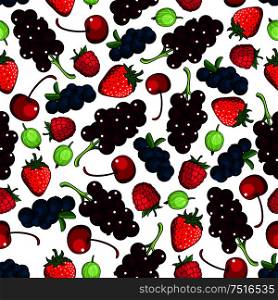 Fresh berries background with seamless pattern of sweet strawberry and raspberry, cherry and blueberry, black currant bunches and gooseberry fruits. Agriculture or vegetarian dessert recipe design. Fresh berries fruits seamless pattern