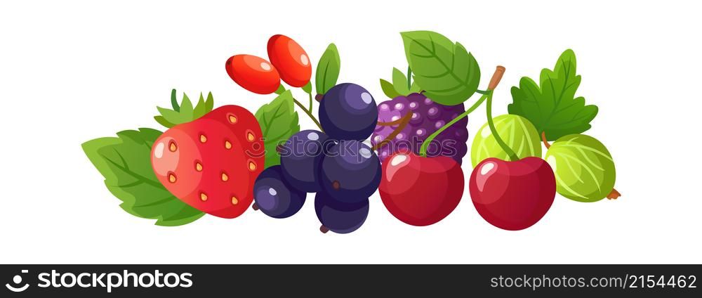 Fresh berries composition. Isolated berry, red cherries strawberry blackcurrant. Ripe juicy blackberry and gooseberry, seasonal vegan food vector. Illustration strawberry and fresh food composition. Fresh berries composition. Isolated cartoon berry, red cherries strawberry blackcurrant. Ripe juicy blackberry and gooseberry, colorful seasonal vegan food vector sticker