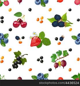 Fresh Berries Seamless Colorful Pattern . Fresh wild and garden berries mix colorful pattern for textile placemats and wrapping paper abstract vector illustration