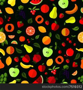 Fresh berry and fruit seamless pattern. Apple, orange, banana, strawberry, cherry, grape, lemon, peach pear watermelon pomegranate and cranberry fruits background. Fresh berry and fruit seamless pattern