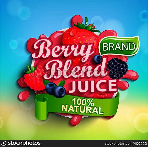 Fresh berry blend juice logo with splash,apteitic drops and strawberries, blueberries,raspberries and blackberries for banner, poster, brand,template and label,emblem,packaging,advertising.Vector. Fresh berry blend juice splash with berries.