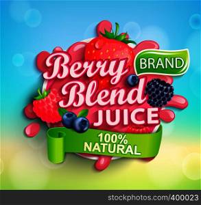 Fresh berry blend juice logo with splash,apteitic drops and strawberries, blueberries,raspberries and blackberries for banner, poster, brand,template and label,emblem,packaging,advertising.Vector. Fresh berry blend juice splash with berries.