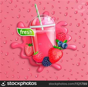 Fresh berry blend juice with slice berries, splash and apteitic drops on background.Strawberries,blueberries,raspberries and blackberries for smothie for brand,logo,template,label,emblem,packaging.. Fresh berry blend juice with slice berries.