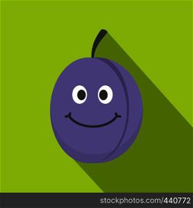 Fresh blue smiling plum icon. Flat illustration of fresh blue smiling plum vector icon for web on lime background. Fresh blue smiling plum icon, flat style