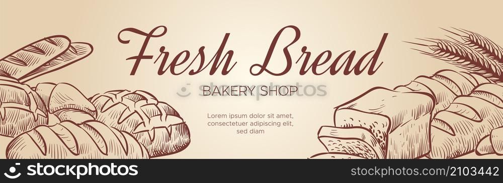 Fresh bread banner template. Horizontal bakery advertising isolated on white background. Fresh bread banner template. Horizontal bakery advertising