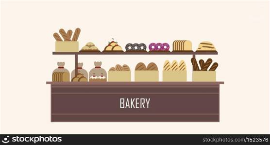 Fresh breads on shelfs in the supermarket isolated on background, vector illustration.