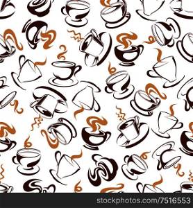 Fresh brewed coffee drinks background for cafe shop interior or textile design with brown seamless pattern of elegant porcelain cups of hot espresso, latte and macchiato beverages. Coffee drinks brown seamless pattern