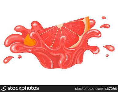 Fresh bright cut slice grapefruit juice splash burst isolated on white background. Summer fruit juice. Cartoon style. Vector illustration for any design.