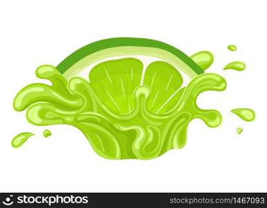 Fresh bright cut slice lime juice splash burst isolated on white background. Summer fruit juice. Cartoon style. Vector illustration for any design.