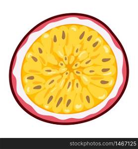 Fresh bright exotic half cut passion fruit isolated on white background. Summer fruits for healthy lifestyle. Organic fruit. Cartoon style. Vector illustration for any design.