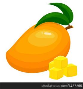 Fresh bright exotic whole and sliced mango isolated on white background. Summer fruits for healthy lifestyle. Organic fruit. Cartoon style. Vector illustration for any design. Fresh bright exotic whole and sliced mango isolated on white background. Summer fruits for healthy lifestyle. Organic fruit. Cartoon style. Vector illustration for any design.