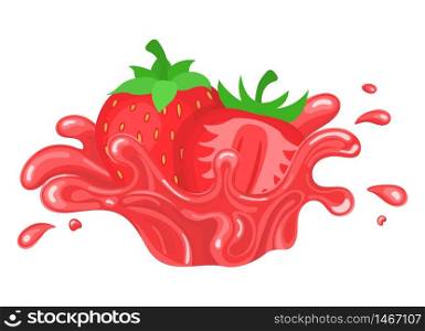 Fresh bright strawberry juice splash burst isolated on white background. Summer fruit juice. Cartoon style. Vector illustration for any design.