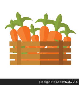 Fresh carrot at the market vector. Flat design. Delivery farm products, grocery store assortment, foods for diet concept. Illustration of wooden box full of ripe vegetables. Isolated on white.. Fresh Carrot at the Market Vector Illustration.