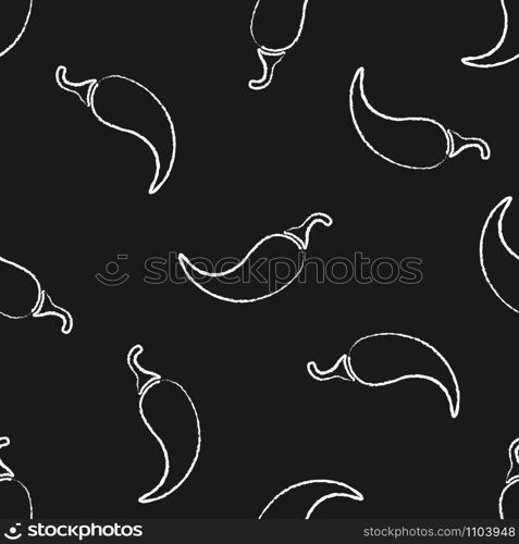 Fresh chilli vegetable chalk style seamless pattern. Contour design background on black chalkboard with chalk silhouette chili pepper vegetables. Seamless vector illustration for healthy diet pattern. Fresh chilli vegetable chalked seamless pattern