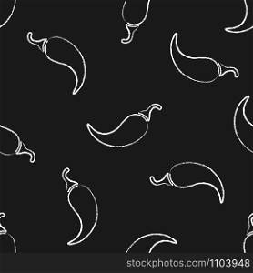 Fresh chilli vegetable chalk style seamless pattern. Contour design background on black chalkboard with chalk silhouette chili pepper vegetables. Seamless vector illustration for healthy diet pattern. Fresh chilli vegetable chalked seamless pattern