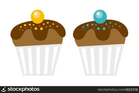 Fresh chocolate decorated muffins vector cartoon illustration isolated on white background.. Chocolate muffins vector cartoon illustration.