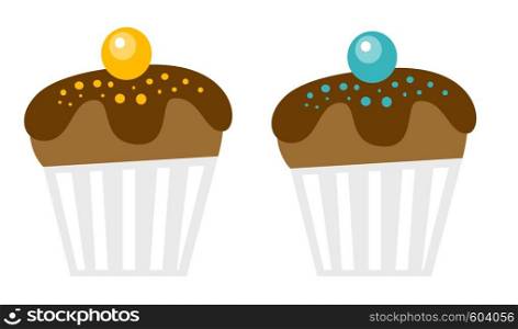 Fresh chocolate decorated muffins vector cartoon illustration isolated on white background.. Chocolate muffins vector cartoon illustration.