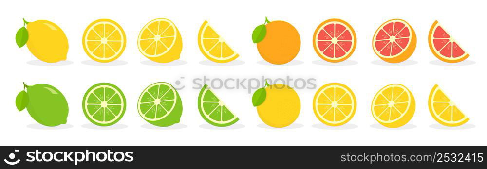 Fresh citrus fruit on white background. Oranges, lemons, lime and grapefruit. Whole, half and slice citrus set. Vector illustration.. Fresh citrus fruit on white background. Oranges, lemons, lime and grapefruit.