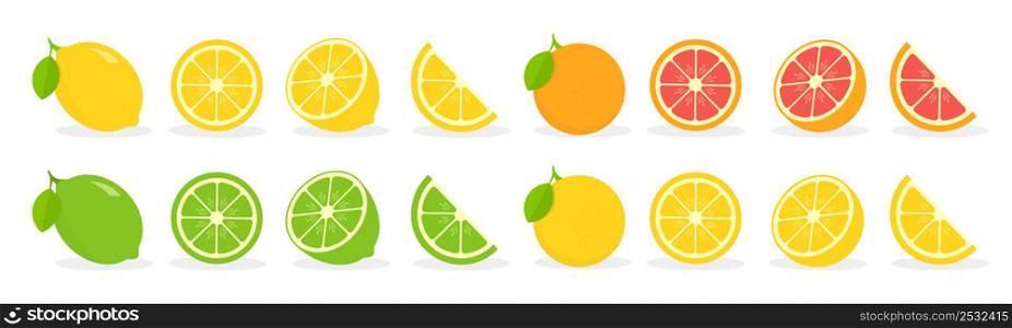 Fresh citrus fruit on white background. Oranges, lemons, lime and grapefruit. Whole, half and slice citrus set. Vector illustration.. Fresh citrus fruit on white background. Oranges, lemons, lime and grapefruit.