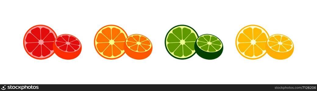 Fresh Citrus Fruits vector icons collection. Fresh Citrus Fruits in modern simple flat design. Fresh Citrus Fruits slices of grapefruit, orange, lime and lemon isolated on white background. Vector illustration. Fresh Citrus Fruits vector icons collection. Fresh Citrus Fruits in modern simple flat design. Fresh Citrus Fruits slices of grapefruit, orange, lime and lemon isolated on white background. Vector