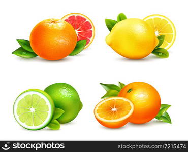 Fresh citrus fruits whole and halves 4 realistic icons square with orange grapefruit lemon isolated vector illustration . Citrus Fruits 4 Realistic Icons Set