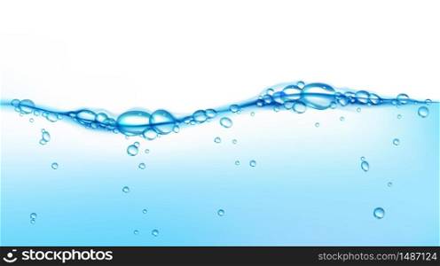 Fresh clean water wave with air bubbles. Vector realistic illustration of clear blue aqua surface isolated on white background. Water splash, flow of pure liquid drink. Vector blue clean water wave with air bubbles
