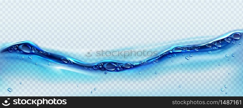 Fresh clean water wave with bubbles and drops. Vector illustration with realistic clear blue aqua surface on transparent background. Flow of pure liquid drink. Blue clean water wave with bubbles and drops