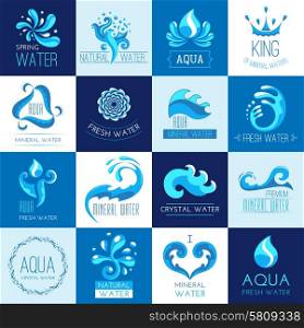 Fresh clear spring mineral water emblems set isolated vector illustration. Water Emblems Set