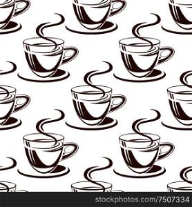 Fresh coffee cups seamless pattern with brown elegant cups on white background. Steaming coffee cups seamless pattern