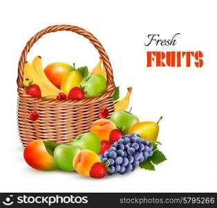 Fresh color fruit in basket. Concept of diet. Vector illustration