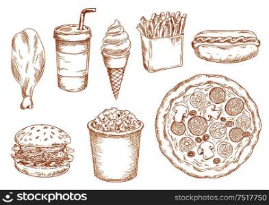 Fresh cooked hamburger and hot dog, pepperoni pizza with vegetables and chicken leg, french fries and popcorn, sweet soda drink and soft serve ice cream cone sketches. Retro stylized fast food menu design. Retro stylized sketch of fast food lunch